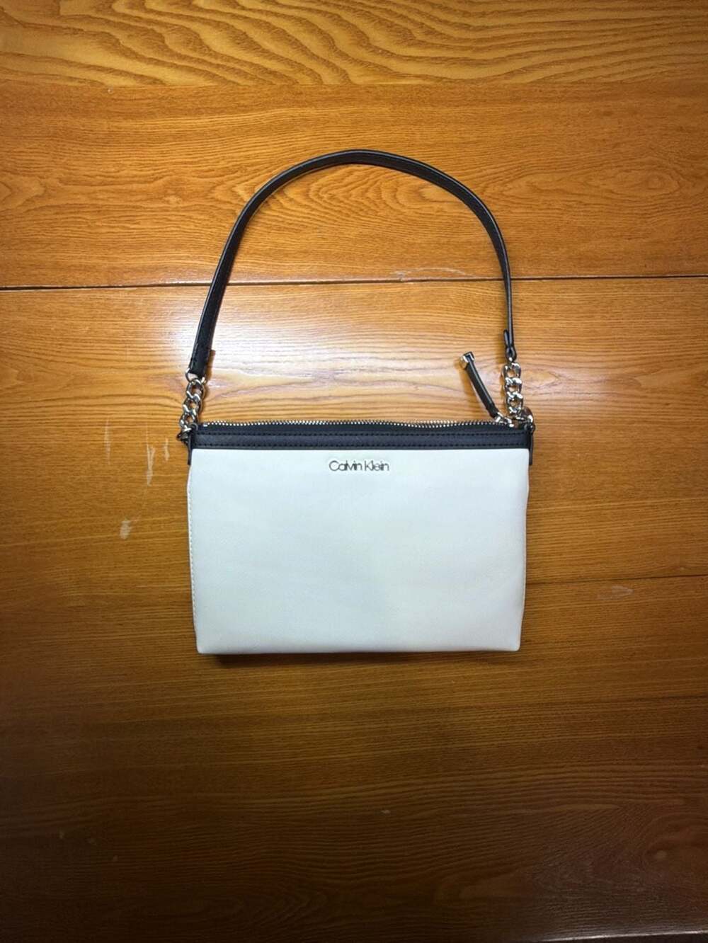 Calvin Klein Black and White Saffiano Leather Shoulder Bag with Chain Strap